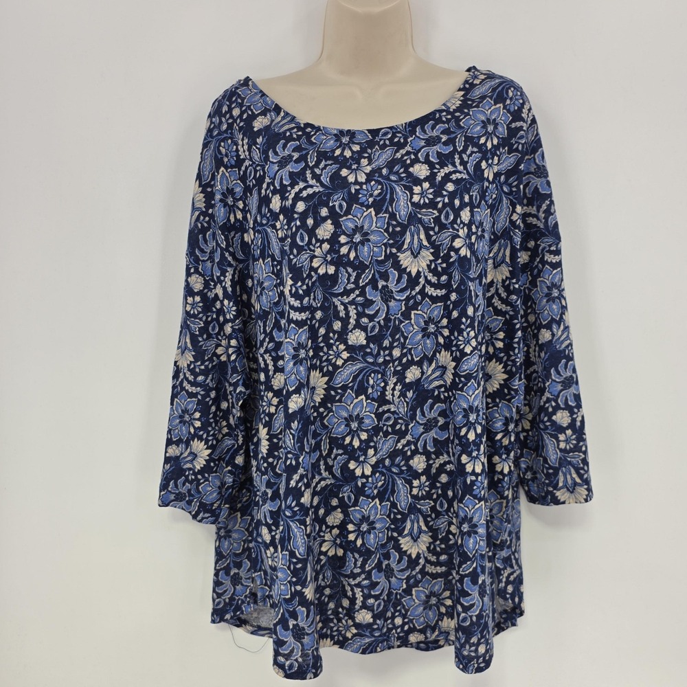 Rachel Zoe Linen Top Women 2X Blue Floral Scoop Neck Tunic Beachy Coastal Resort - Picture 11 of 11